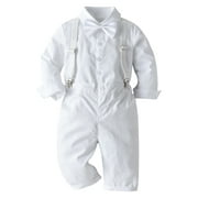 FYMNSI Baby Boy Baptism Christening Outfit Toddler Kid Formal Gentleman Tuxedo Suit Long Sleeve Bowtie Dress Shirt Suspenders Pants First Birthday Wedding Party Ring Bearer Clothes 6-12 Months White
