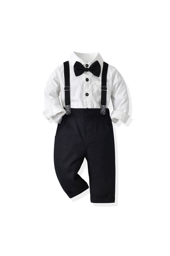 Baby Boy Baptism Christening Outfit Toddler Kid Formal Tuxedo Suit Long Sleeve Bowtie Dress Shirt Suspenders Pants First Birthday Wedding Party Ring Bearer Clothes 6-12M White + Black