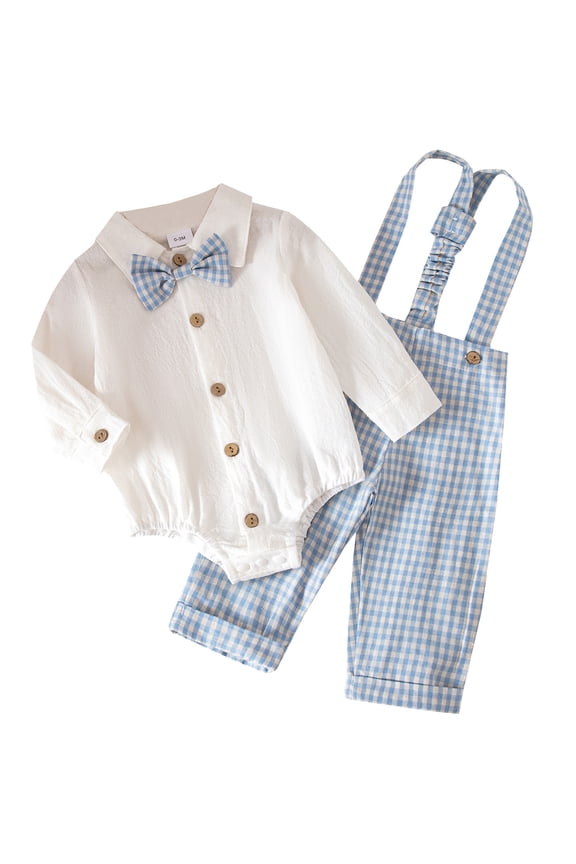 Baby Boy Suits Long Sleeve Clothes Infant Gentleman Outfit Dress Shirt with Suspenders Pants 12-18 Months Blue