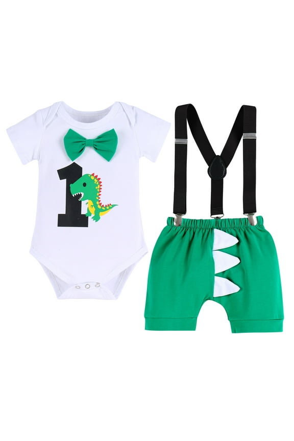 Baby Boy Dinosaur 1st First Birthday Party Cake Smash Outfit Cotton Short Sleeve Romper Y-Back Suspenders Shorts Pants 3pcs Set Photo Props Summer Clothes 12-18 Months Green