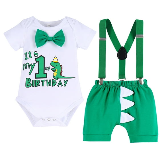 FYMNSI Baby Boy Dinosaur 1st First Birthday Party Cake Smash Outfit Cotton Short Sleeve Romper Y-Back Suspenders Shorts Pants 3pcs Set Photo Props Summer Clothes 6-12 Months Green