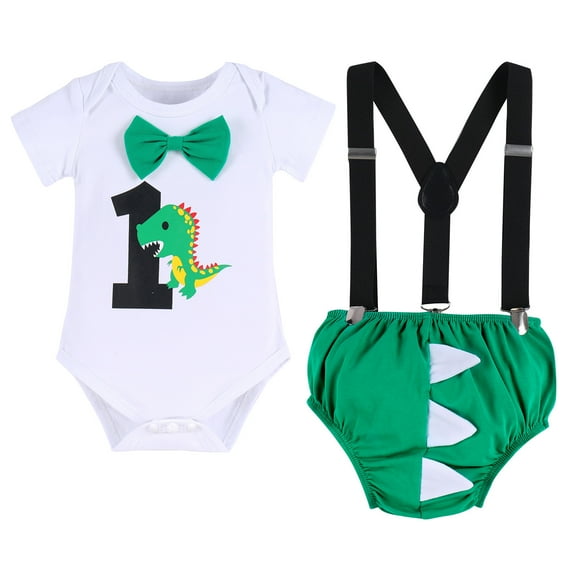 FYMNSI Baby Boy Dinosaur 1st First Birthday Party Cake Smash Outfit Cotton Short Sleeve Romper Y-Back Suspenders Shorts Pants 3pcs Set Photo Props Summer Clothes 6-12 Months