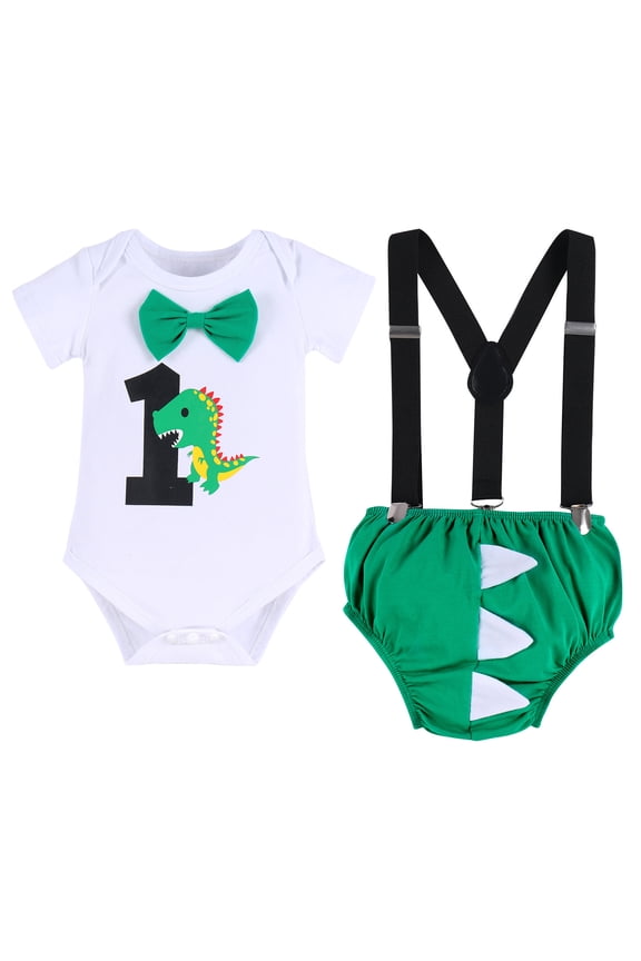 Baby Boy Dinosaur 1st First Birthday Party Cake Smash Outfit Cotton Short Sleeve Romper Y-Back Suspenders Shorts Pants 3pcs Set Photo Props Summer Clothes 12-18 Months