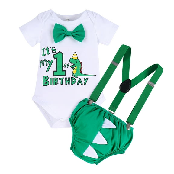 FYMNSI Baby Boy Dinosaur 1st First Birthday Party Cake Smash Outfit Cotton Short Sleeve Romper Y-Back Suspenders Shorts Pants 3pcs Set Photo Props Summer Clothes 6-12 Months