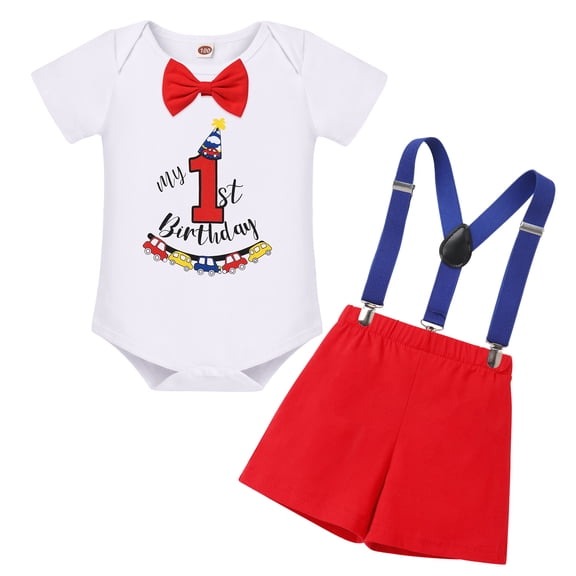 FYMNSI Baby Boy First Birthday Cake Smash Outfit My 1st Birthday Party Gentleman Bow Tie Short Sleeve Romper Y-Back Suspenders Shorts Pants Set
