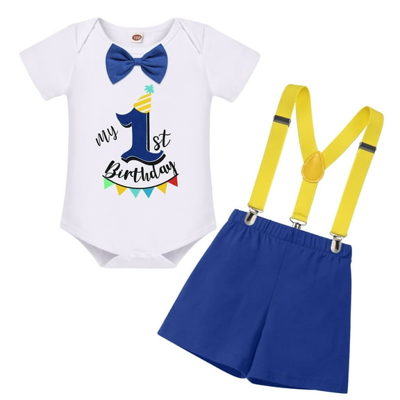 FYMNSI Baby Boy First Birthday Cake Smash Outfit My 1st Birthday Party Gentleman Bow Tie Short Sleeve Romper Y-Back Suspenders Shorts Pants Set