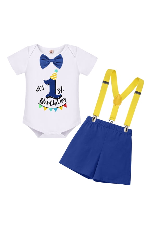 Baby Boy First Birthday Cake Smash Outfit My 1st Birthday Party Gentleman Bow Tie Short Sleeve Romper Y-Back Suspenders Shorts Pants Set