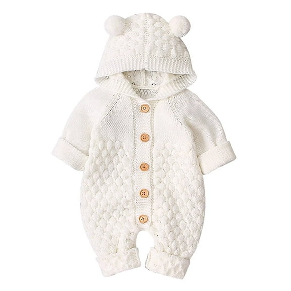 FYMNSI Baby Boy Girl Knitted Sweater Romper Long Sleeve Hoodie Jumpsuit Newborn Infant Winter Clothes Hooded Overall 0-6 Months White