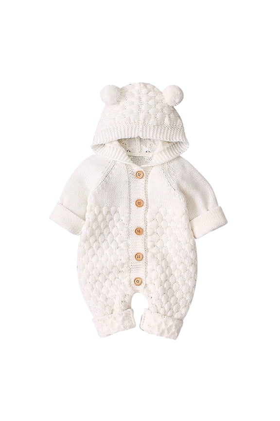 Baby Boy Girl Knitted Sweater Romper Long Sleeve Hoodie Jumpsuit Newborn Infant Winter Clothes Hooded Overall 0-6 Months White