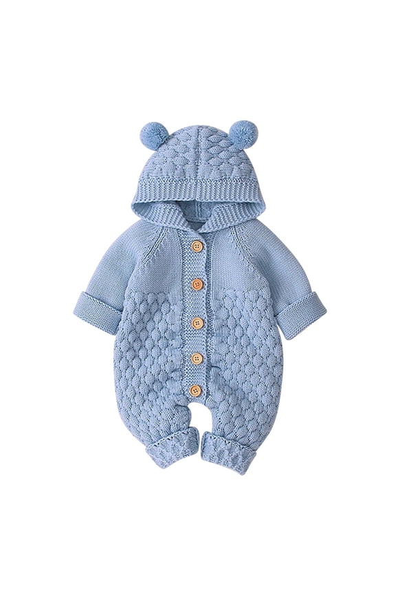 Baby Boy Girl Knitted Sweater Romper Long Sleeve Hoodie Jumpsuit Newborn Infant Winter Clothes Hooded Overall 18-24 Months Blue