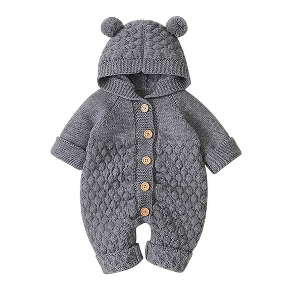 FYMNSI Baby Boy Girl Knitted Sweater Romper Long Sleeve Hoodie Jumpsuit Newborn Infant Winter Clothes Hooded Overall 18-24 Months Gray