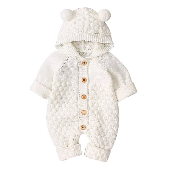 FYMNSI Baby Boy Girl Knitted Sweater Romper Long Sleeve Hoodie Jumpsuit Newborn Infant Winter Clothes Hooded Overall 18-24 Months White