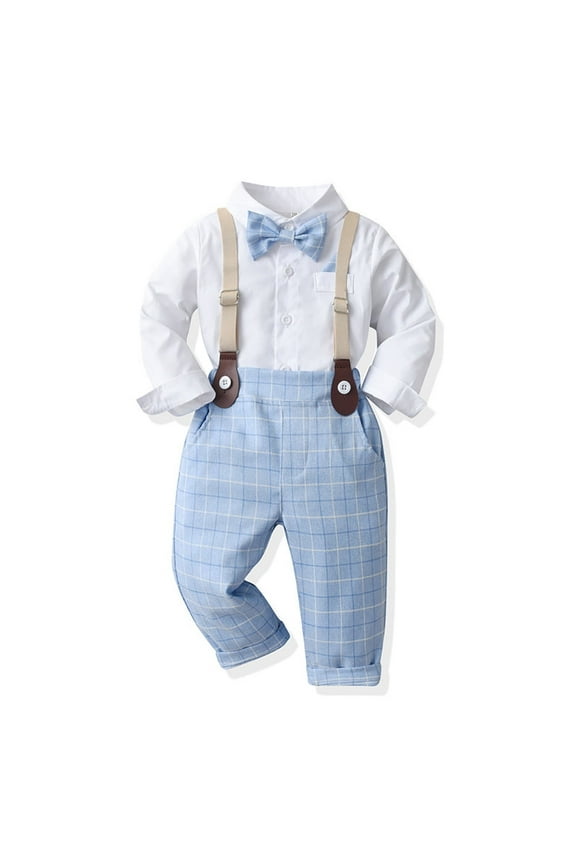 Baby Boy Long Sleeves Gentleman Outfit Clothes Sets Toddler Formal Bowtie Shirt Suspender Pants Wedding Dress Suits 12-18M Light Blue