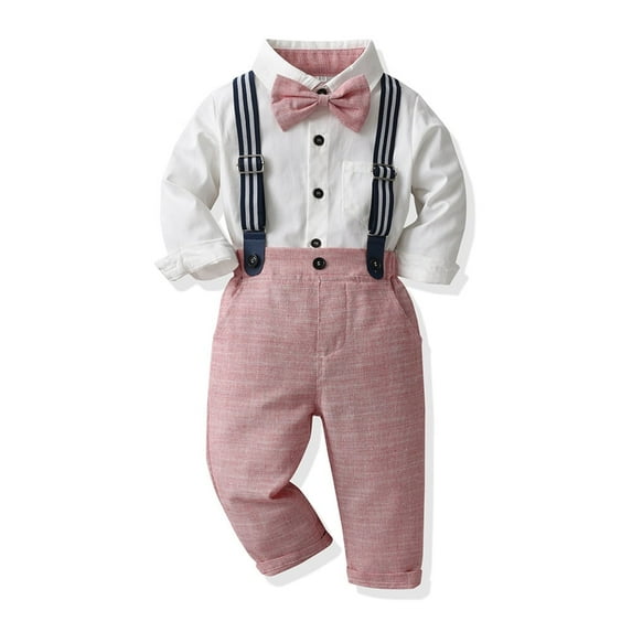FYMNSI Baby Boy Long Sleeves Gentleman Outfit Clothes Sets Toddler Formal Bowtie Shirt Suspender Pants Wedding Dress Suits 18-24M Pink