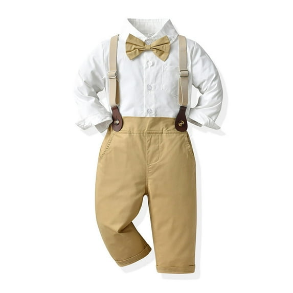 FYMNSI Baby Boy Long Sleeves Gentleman Outfit Clothes Sets Toddler Formal Bowtie Shirt Suspender Pants Wedding Dress Suits 3-4T Kahaki