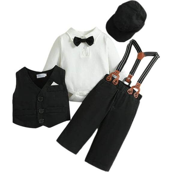FYMNSI Baby Boy Suit Gentleman Outfit Clothes Set Infant Tuxedo Long Sleeve Dress Shirt+Vest+Suspender Pants+Bowtie+Beret Hat 0-6 Months Black
