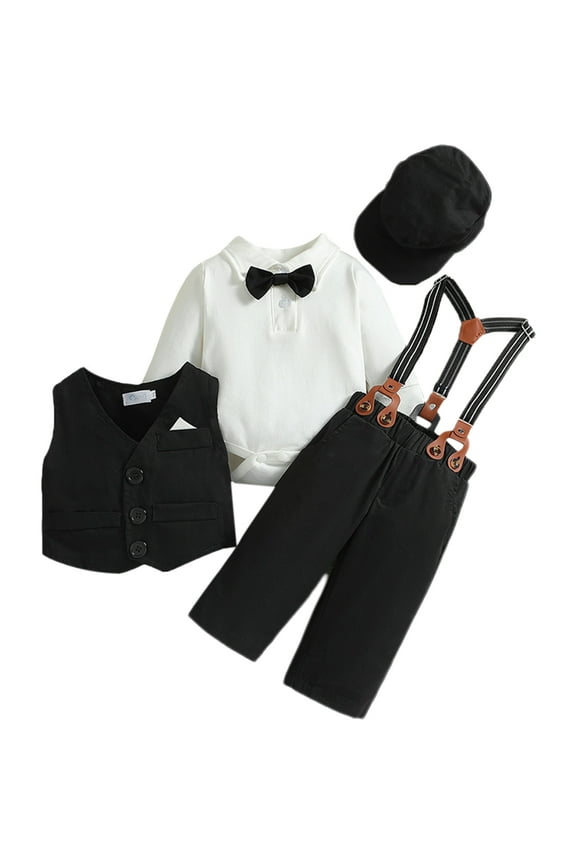 Baby Boy Suit Gentleman Outfit Clothes Set Infant Tuxedo Long Sleeve Dress Shirt+Vest+Suspender Pants+Bowtie+Beret Hat 0-6 Months Black
