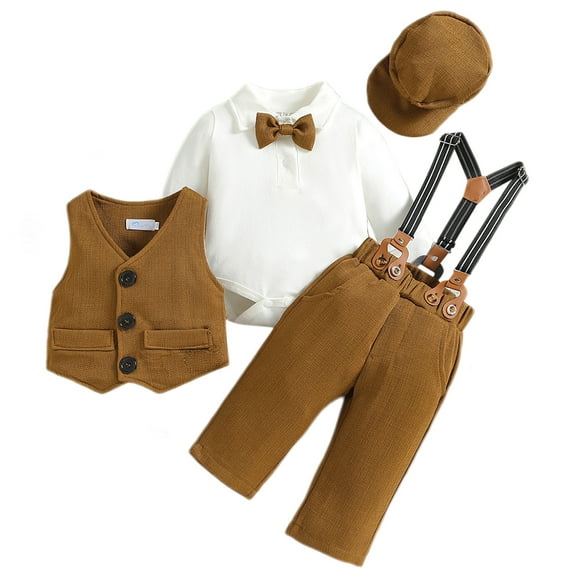 FYMNSI Baby Boy Suit Gentleman Outfit Clothes Set Infant Tuxedo Long Sleeve Dress Shirt+Vest+Suspender Pants+Bowtie+Beret Hat 0-6 Months Kahaki