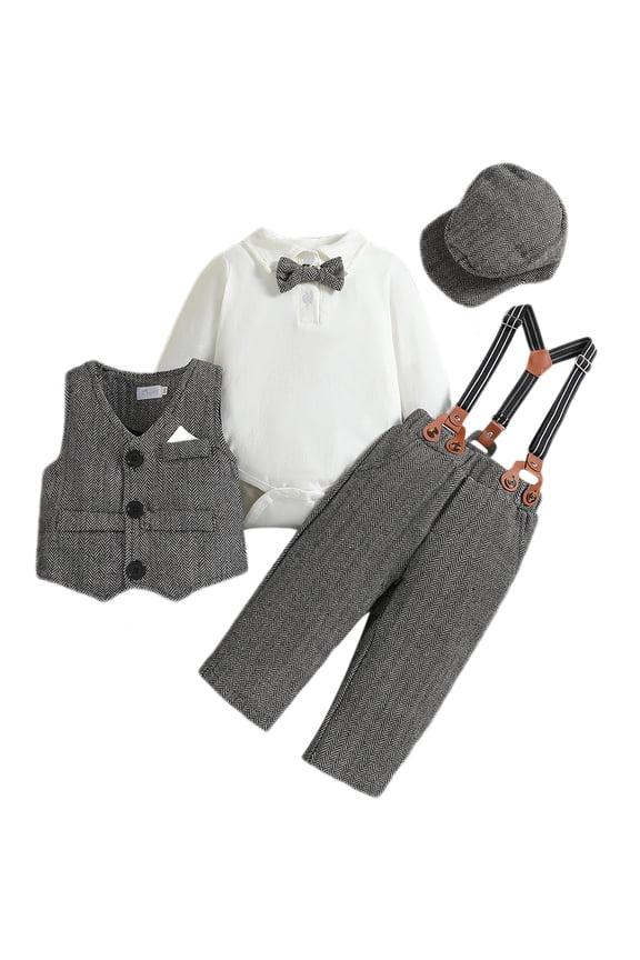 Baby Boy Suit Gentleman Outfit Clothes Set Infant Tuxedo Long Sleeve Dress Shirt+Vest+Suspender Pants+Bowtie+Beret Hat 12-18 Months Gray