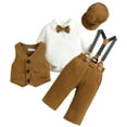 thumbnail image 1 of FYMNSI Baby Boy Suit Gentleman Outfit Clothes Set Infant Tuxedo Long Sleeve Dress Shirt+Vest+Suspender Pants+Bowtie+Beret Hat 12-18 Months Kahaki, 1 of 9