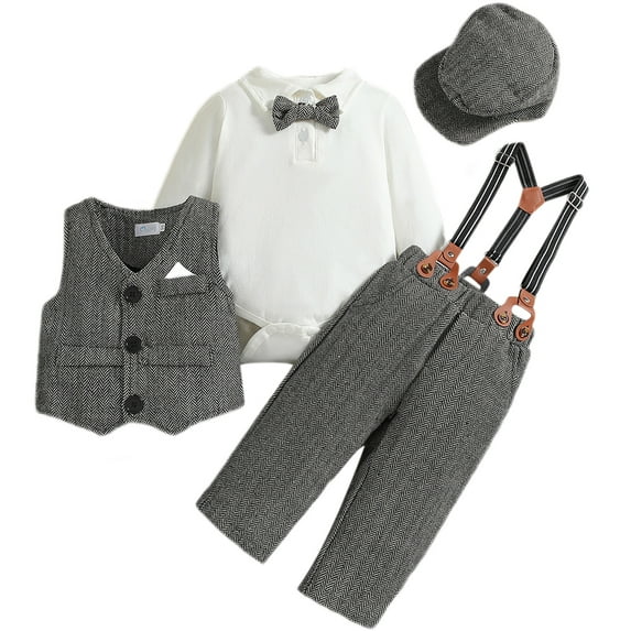 FYMNSI Baby Boy Suit Gentleman Outfit Clothes Set Infant Tuxedo Long Sleeve Dress Shirt+Vest+Suspender Pants+Bowtie+Beret Hat 6-12 Months Gray