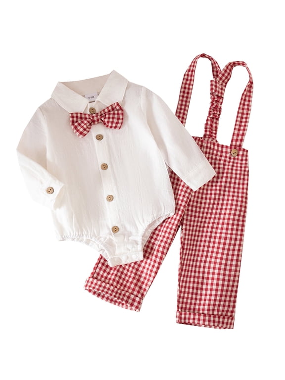 Baby Boy Suits Long Sleeve Clothes Infant Gentleman Outfit Dress Shirt with Suspenders Pants 3-6 Months Red