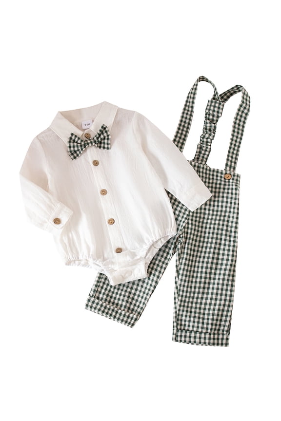 Baby Boy Suits Long Sleeve Clothes Infant Gentleman Outfit Dress Shirt with Suspenders Pants 6-9 Months Green