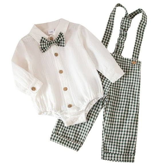FYMNSI Baby Boy Suits Long Sleeve Clothes Infant Gentleman Outfit Dress Shirt with Suspenders Pants 9-12 Months Green