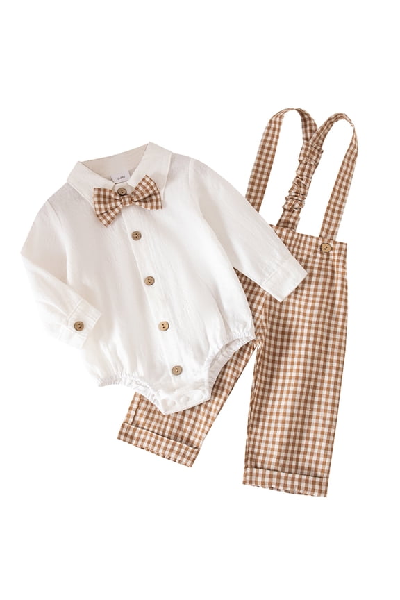 Baby Boy Suits Long Sleeve Clothes Infant Gentleman Outfit Dress Shirt with Suspenders Pants 9-12 Months Kahaki