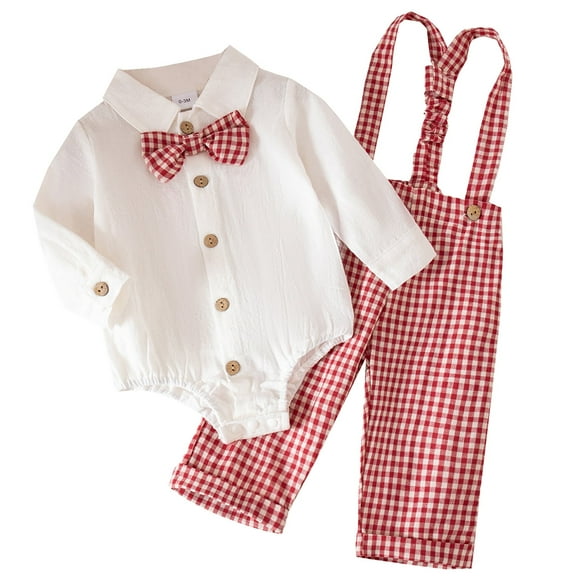 FYMNSI Baby Boy Suits Long Sleeve Clothes Infant Gentleman Outfit Dress Shirt with Suspenders Pants 9-12 Months Red