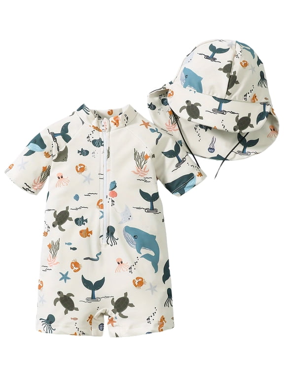 Baby Boy Swimsuit One Piece Toddler Swimsuit Rash Guard Bathing Suit Kids Swimwear with Hat 0-3 Months Beige