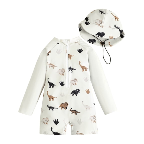 FYMNSI Baby Boy Swimsuit One Piece Toddler Swimsuit Rash Guard Bathing Suit Kids Swimwear with Hat 12-24 Months Beige