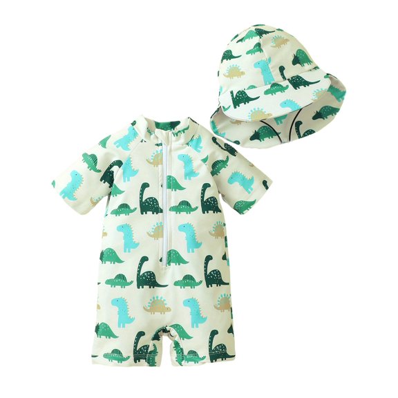 FYMNSI Baby Boy Swimsuit One Piece Toddler Swimsuit Rash Guard Bathing Suit Kids Swimwear with Hat 6-12 Months Green