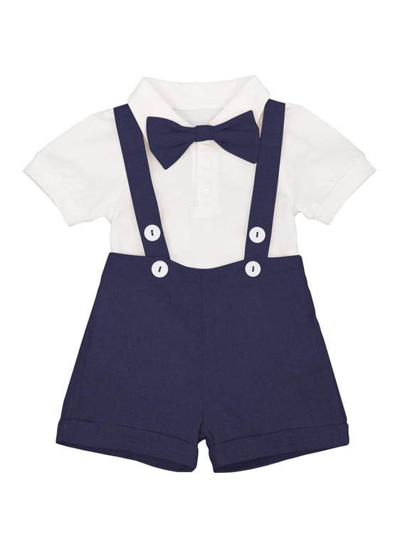 Baby Boy Linen Christening Baptism Outfit Blessing Formal Suit Gentleman Short Sleeve Tuxedo Clothes 18-24 Months Navy Blue