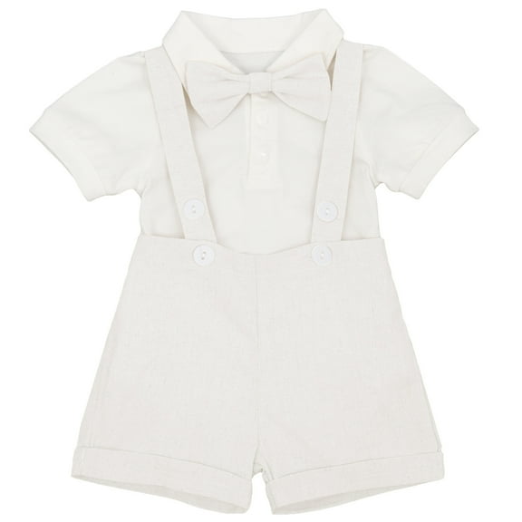 FYMNSI Baby Boy Linen Christening Baptism Outfit Blessing Formal Suit Gentleman Short Sleeve Tuxedo Clothes 18-24 Months Cream
