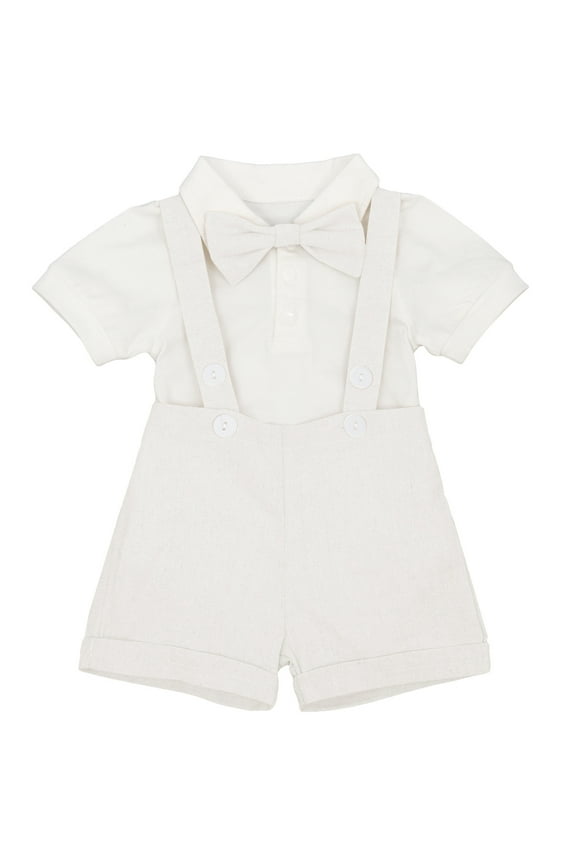 Baby Boy Linen Christening Baptism Outfit Blessing Formal Suit Gentleman Short Sleeve Tuxedo Clothes 0-6 Months Cream