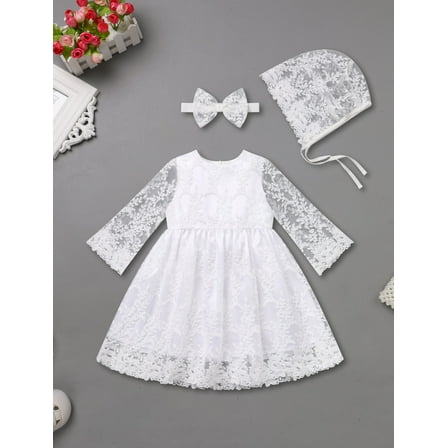 FYMNSI Baby Christening Dress White Baptism Gowns for Girl Infant Lace Long Sleeve Tulle Outfits 3-6 Months