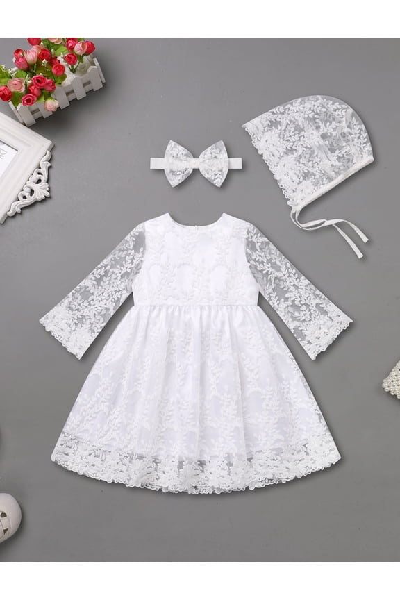 Baby Christening Dress White Baptism Gowns for Girl Infant Lace Long Sleeve Tulle Outfits 6-9 Months