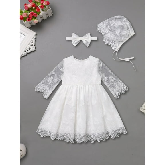 FYMNSI Baby Christening Dress White Baptism Gowns for Girl Infant Lace Long Sleeve Tulle Outfits 6-9 Months