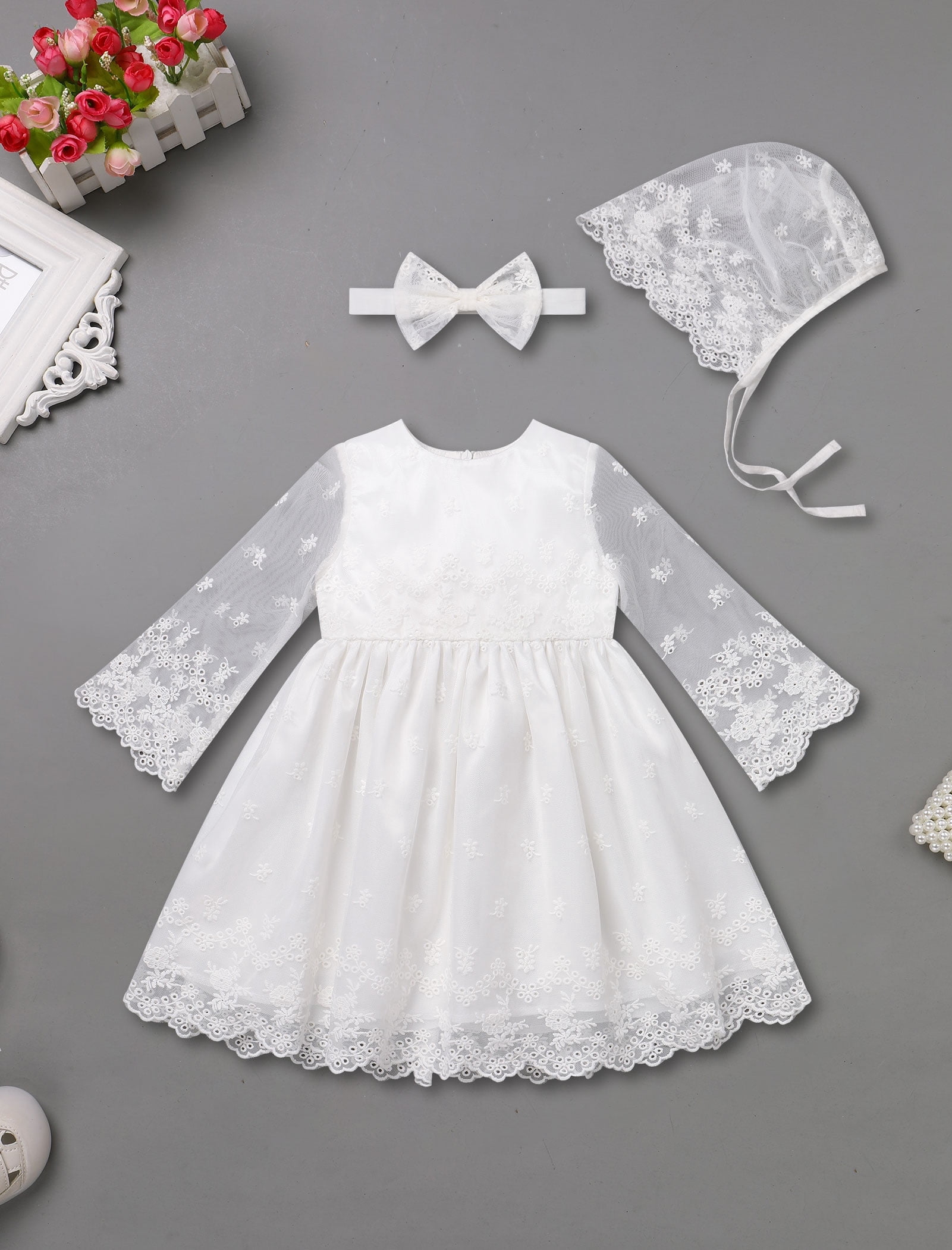 FYMNSI Baby Christening Dress White Baptism Gowns for Girl Infant Lace Long Sleeve Tulle Outfits 9-12 Months