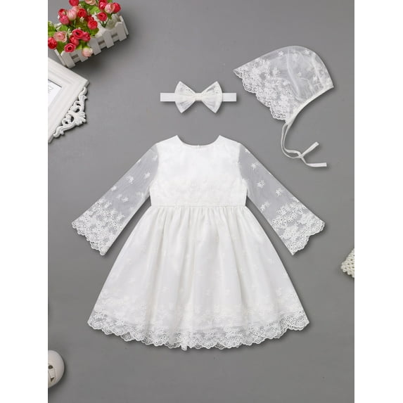 FYMNSI Baby Christening Dress White Baptism Gowns for Girl Infant Lace Long Sleeve Tulle Outfits 9-12 Months