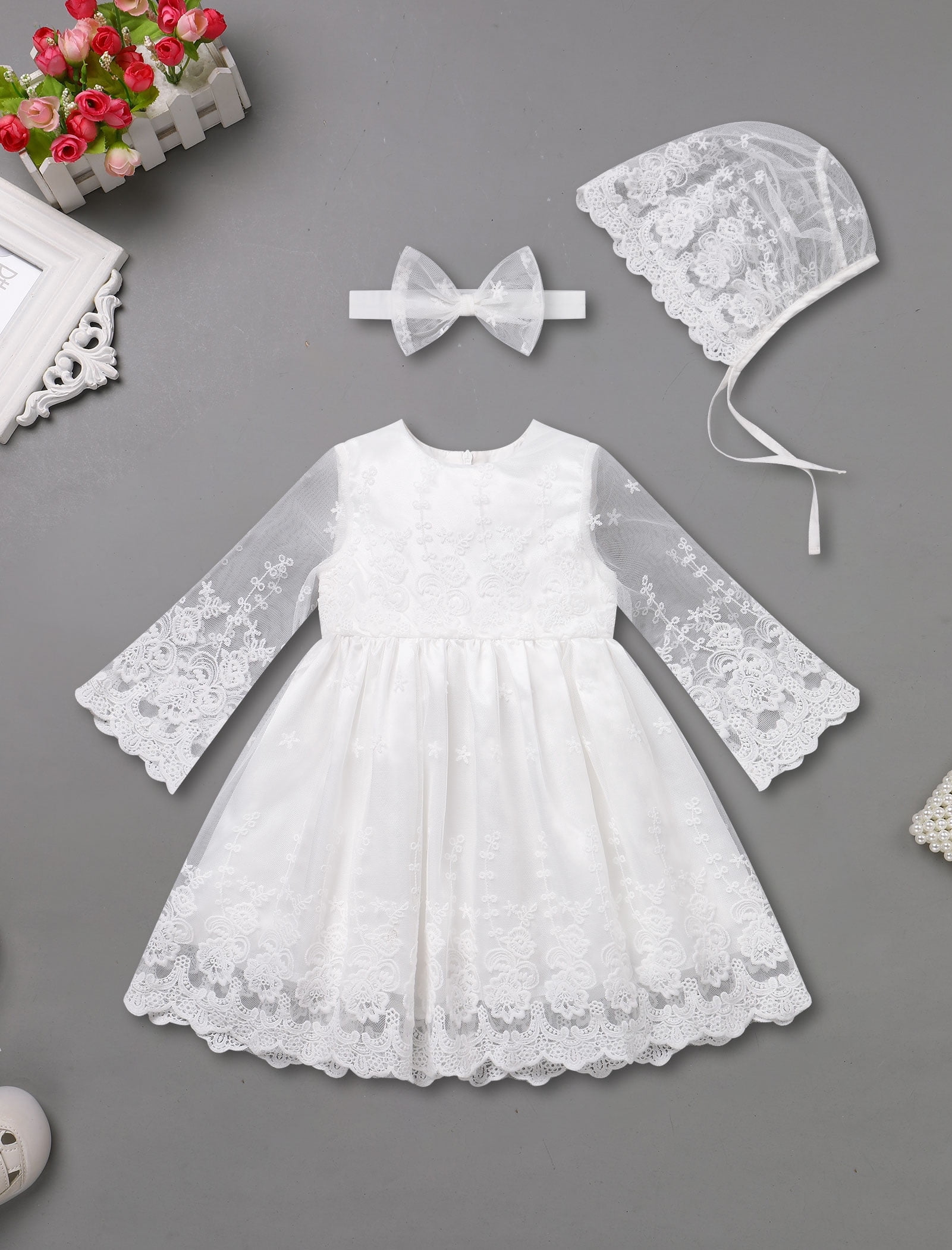 FYMNSI Baby Christening Dress White Baptism Gowns for Girl Infant Lace Long Sleeve Tulle Outfits 9-12 Months