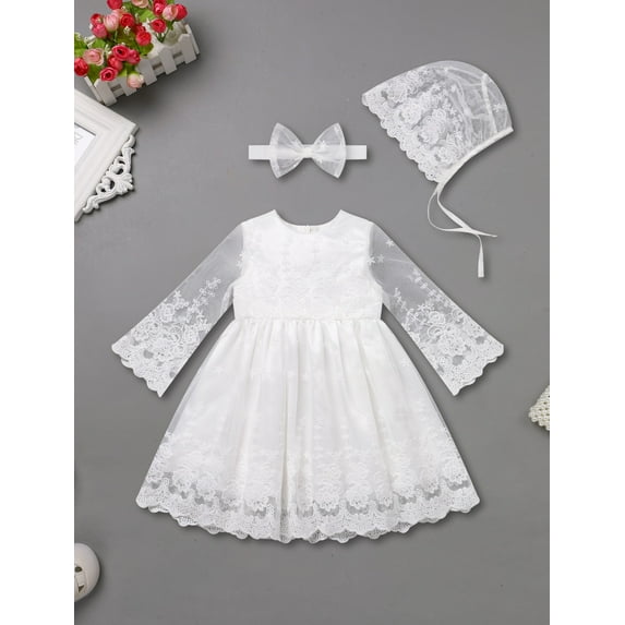 FYMNSI Baby Christening Dress White Baptism Gowns for Girl Infant Lace Long Sleeve Tulle Outfits 9-12 Months