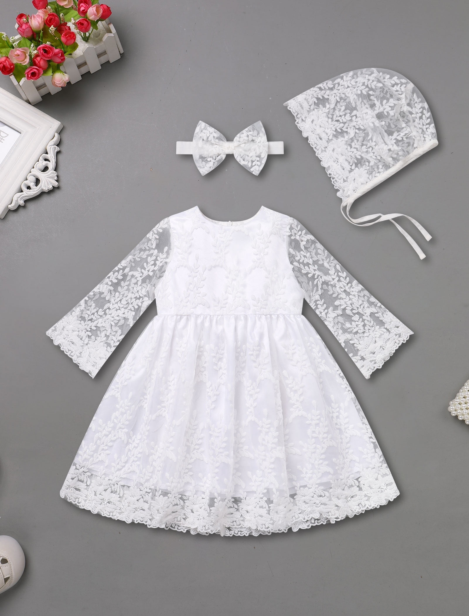 FYMNSI Baby Christening Dress White Baptism Gowns for Girl Infant Lace Long Sleeve Tulle Outfits 9-12 Months