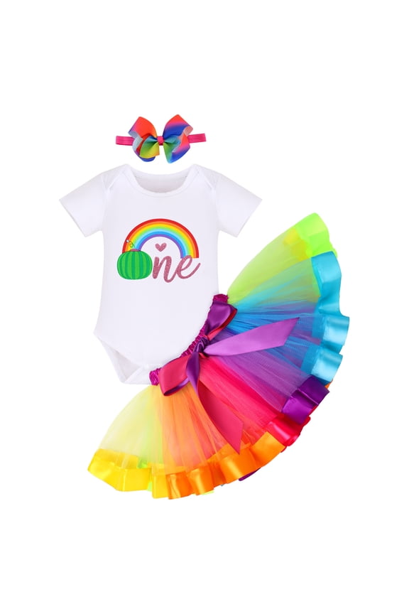 Baby Girl 1st Birthday Cake Smash Outfit Melon One Year Old Party Short Sleeve Romper Rainbow Skirt Bowknot Headband Set 1 Year