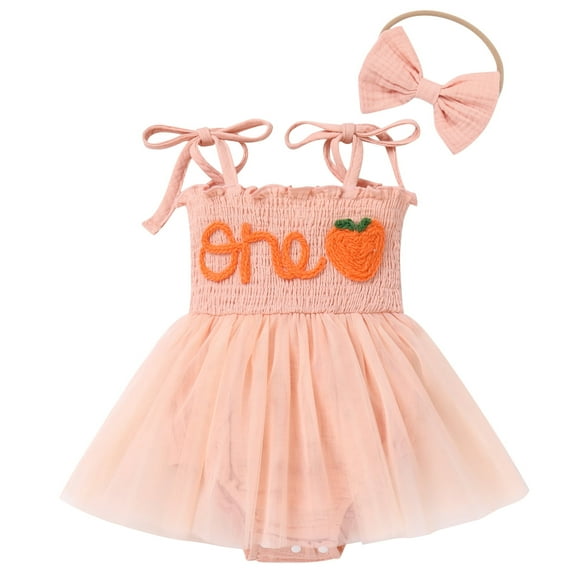 FYMNSI Baby Girl 1st Birthday Outfit One Year Old Spaghetti Straps Tulle Romper Summer Sleeveless Tutu Dresses with Headband 12-18 Months Peach