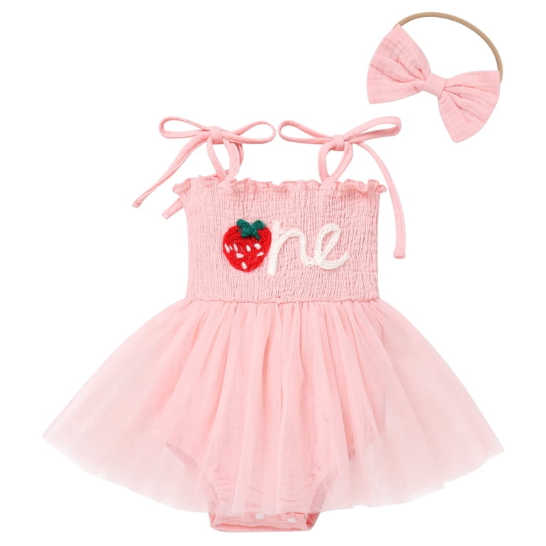 Fymnsi Baby Girl 1st Birthday Outfit One Year Old Spaghetti Straps Tulle Romper Summer Sleeveless Tutu Dresses with Headband 6-12 Months Strawberry,
