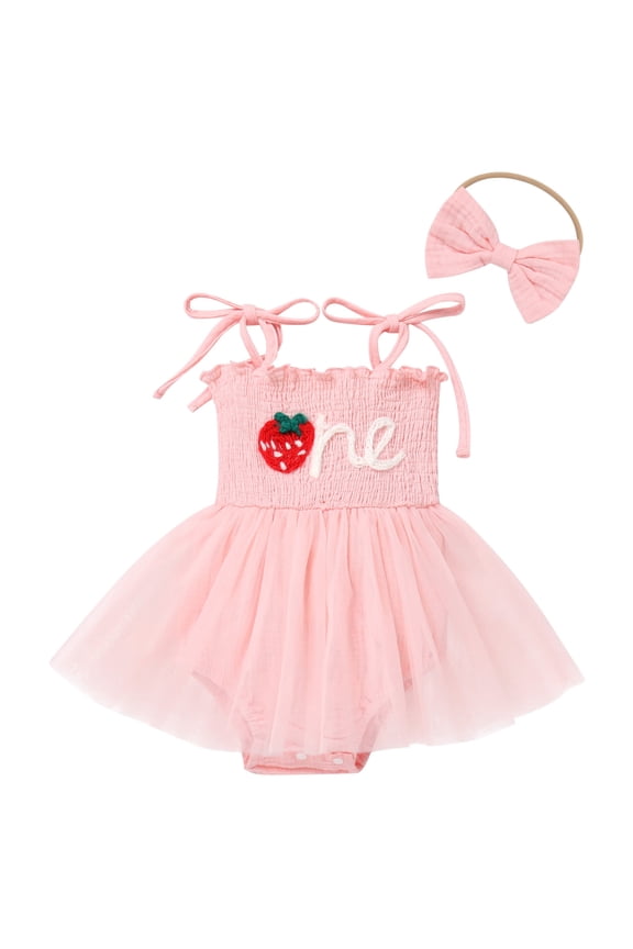 Baby Girl 1st Birthday Outfit One Year Old Spaghetti Straps Tulle Romper Summer Sleeveless Tutu Dresses with Headband 6-12 Months Strawberry