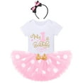 thumbnail image 1 of FYMNSI Baby Girl My 1st First Birthday Cake Smash Outfit Short Sleeve Romper Polka Dot Tutu Skirt Ear Headband 3pcs One Year Old Party Clothes Set 1 Year Pink, 1 of 7