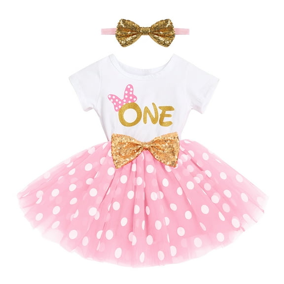 FYMNSI Baby Girl 1st First Birthday Dress One Year Old Party Cake Smash Outfit Polka Dots Tutu Dress with Sequin Bowknot Headband 2pcs Set